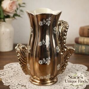 Vintage Lusterware Leaf Handle Floral Vase Gold Brown Pottery